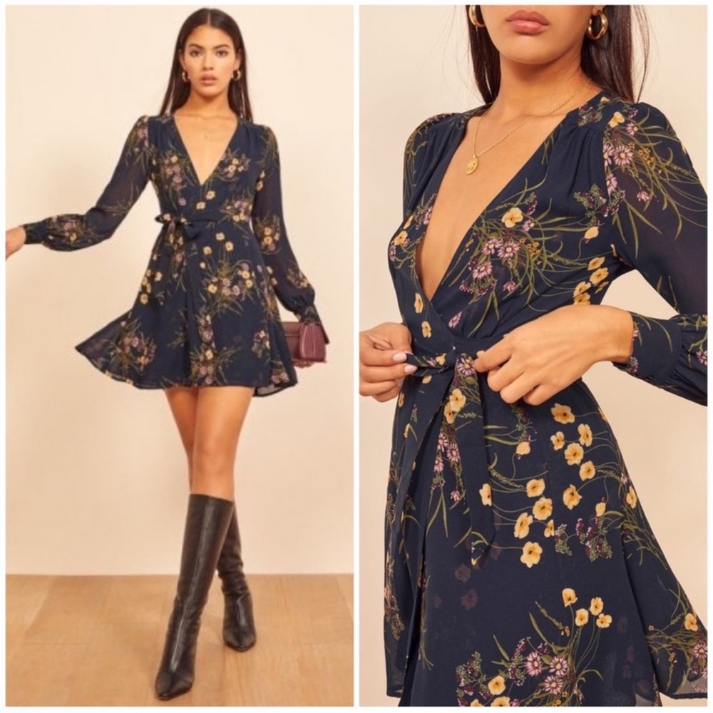 Reformation Floral Mini Dress - Navy and Yellow